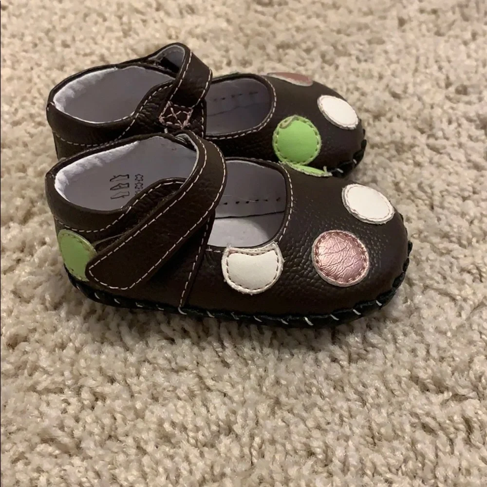 pediped Brown Mary Jane Shoes with White, Pink and Green Dots